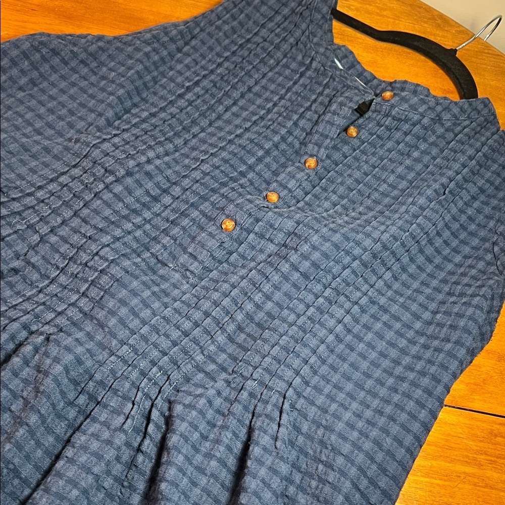 L.L. Bean Navy Blue Textured Mini Dress with Wooden Buttons